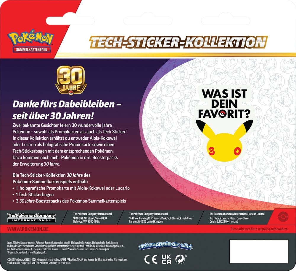 Tech-Sticker-Kollektion Pokémon TCG 30 Jahre – Alola-Kokowei oder Lucario Jubiläums-Kollektion (Deutsch)